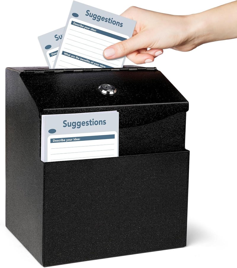LINSIRON Suggestion Box with Slot and Lock Metal 8.4 x 5.8 x 7.0 inch Built-In Storage Compartment 50 Suggestion Cards Tip Jar Ballot Voting Prayer Comment Teacher Mailbox Booth Classroom Restaurant - Image 1